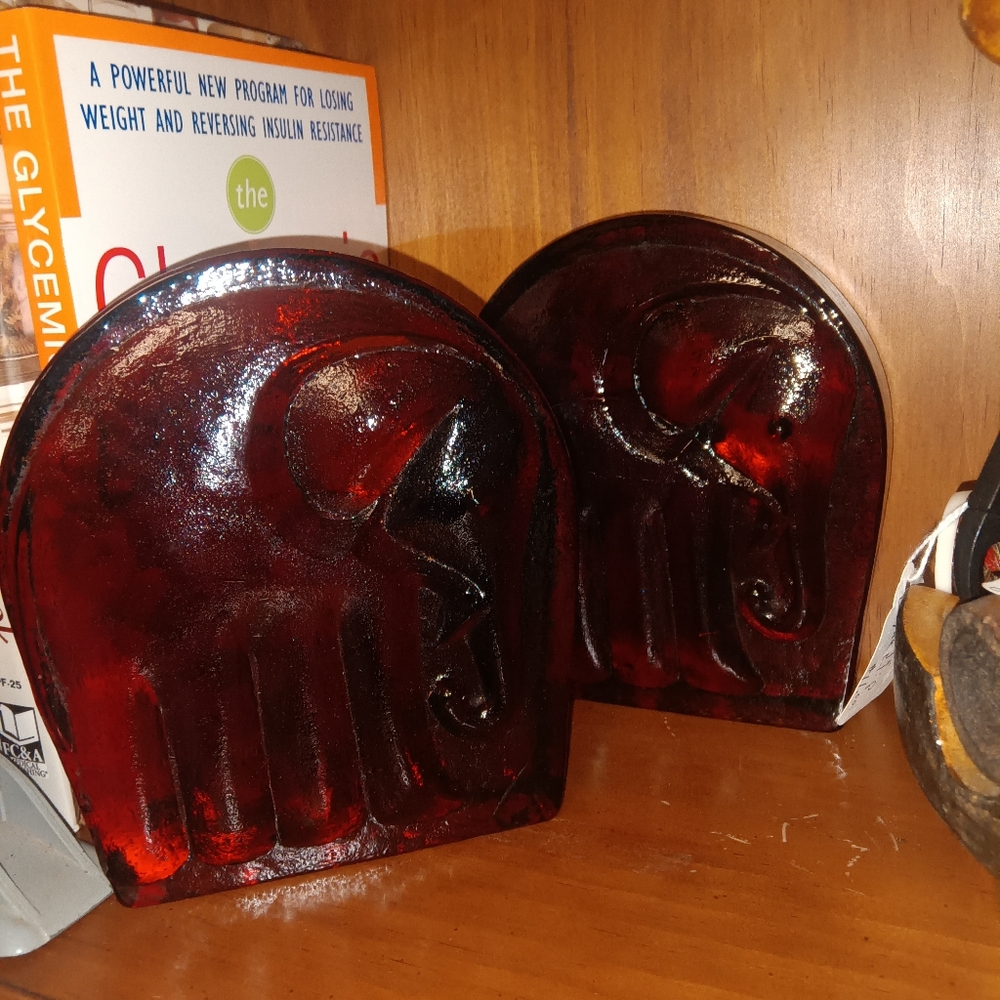Pair Of Vintage Blenko Amber Art Glass Elephant Bookends, Joel Myers 1969